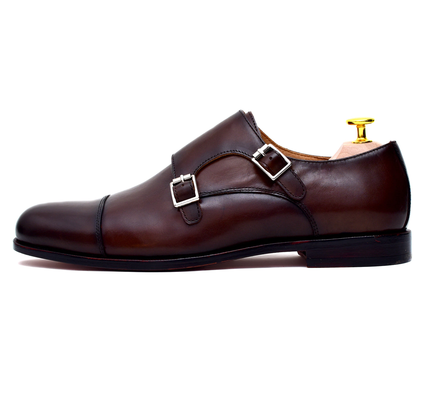 brown burnished leather double monk dress shoes