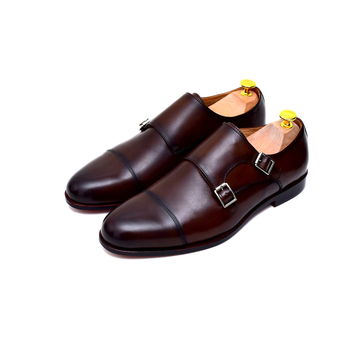 brown burnished leather double monk dress shoes