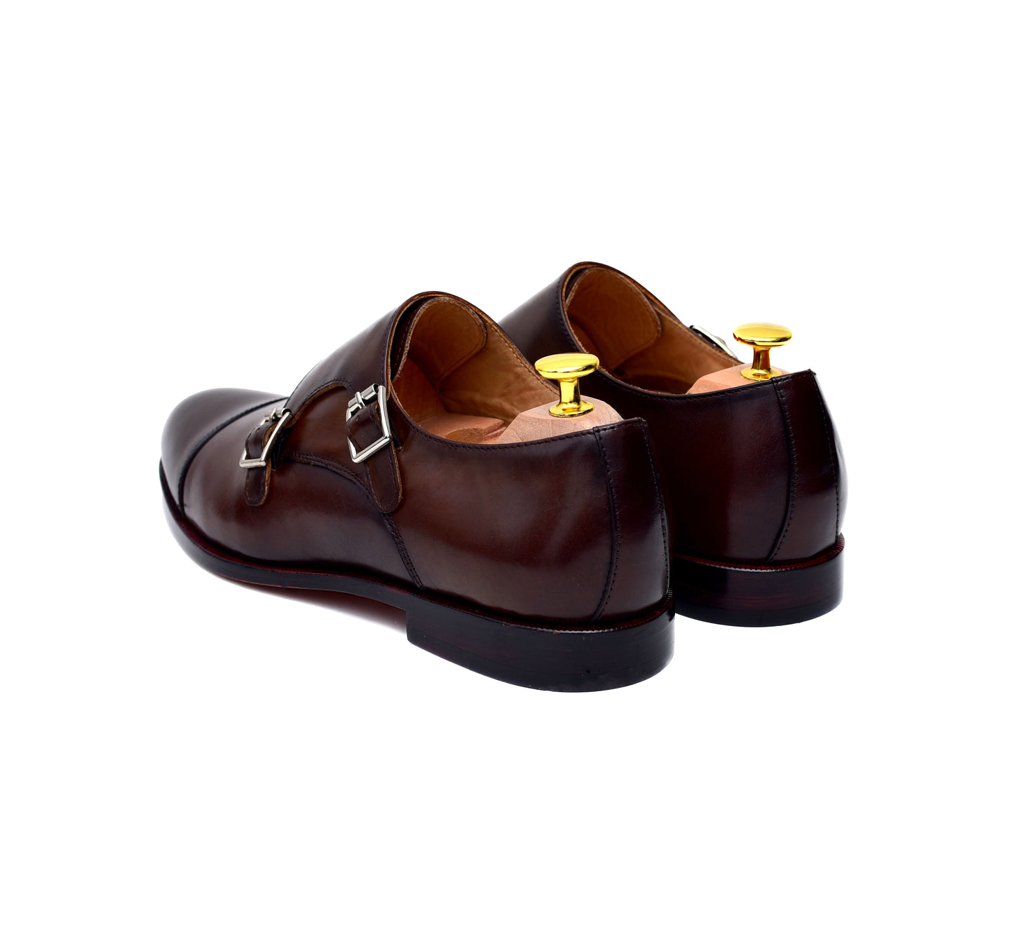brown burnished leather double monk dress shoes