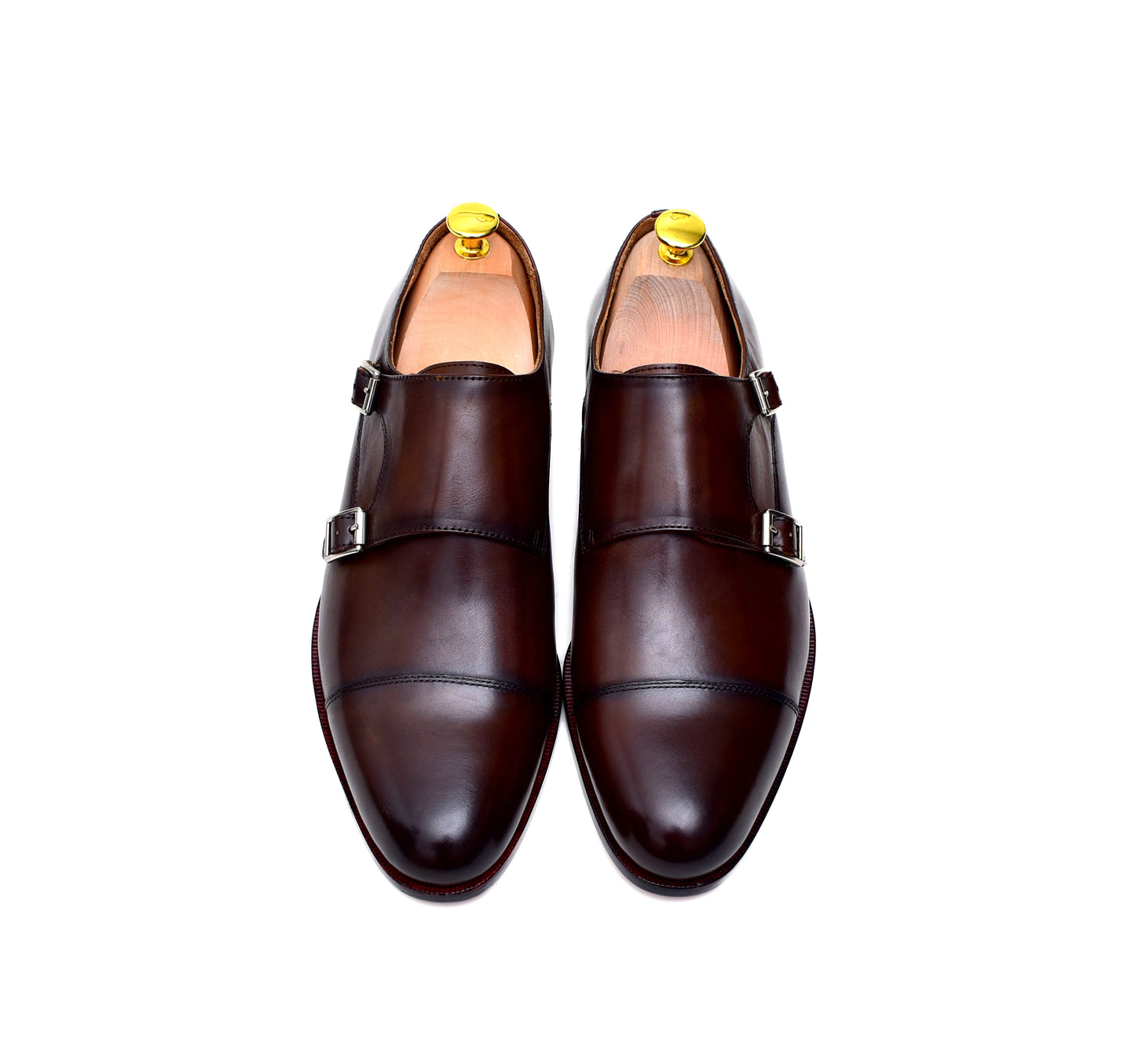 brown burnished leather double monk dress shoes