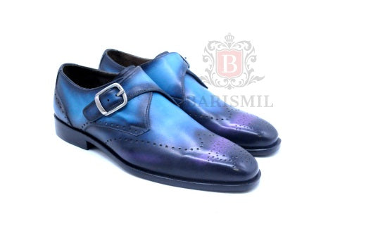 Men's Blue Patina Monk Strap Shoes Barismil