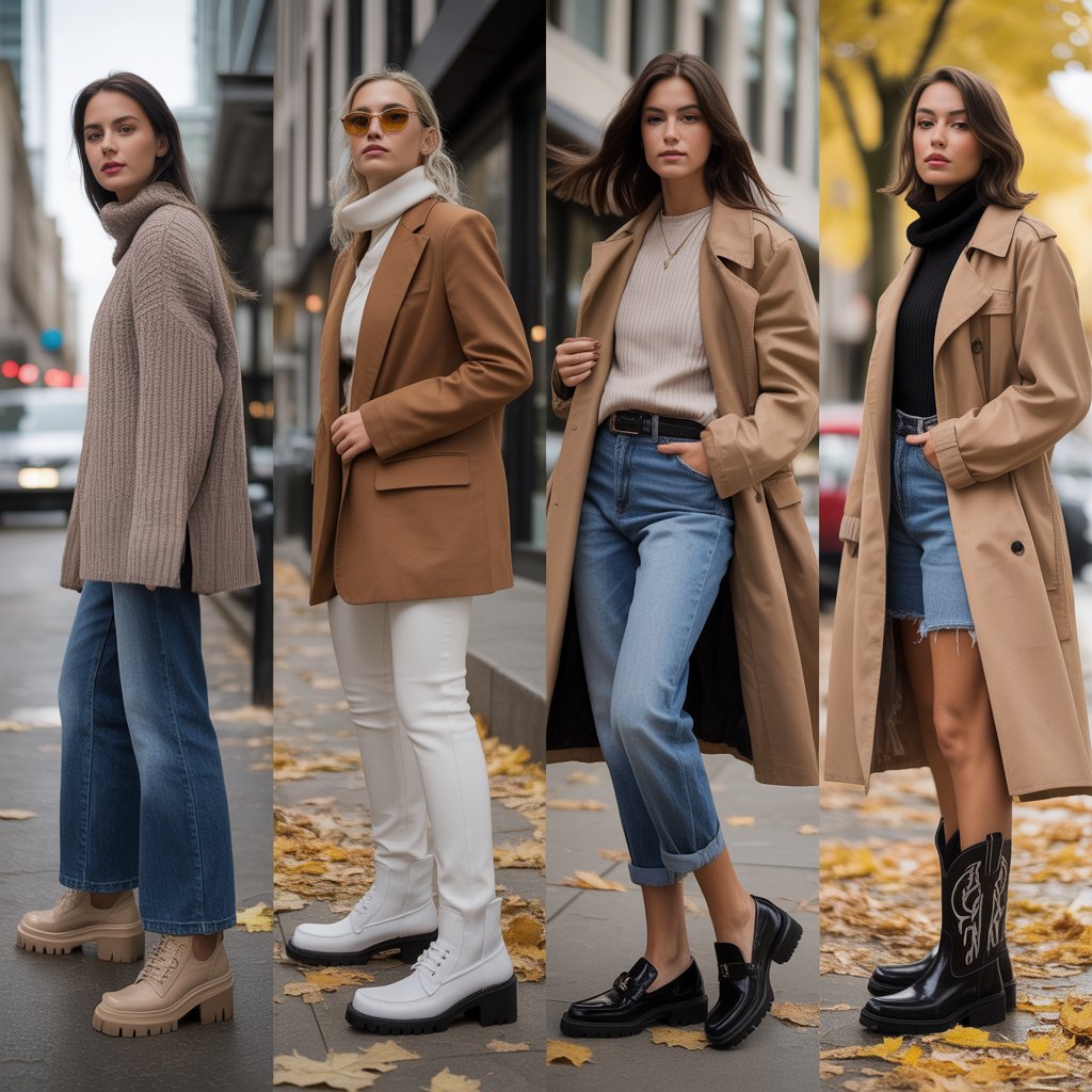 Four women wearing trendy fall 2025 shoes — chunky boots, cowboy boots, white boots, and loafers on a leafy sidewalk