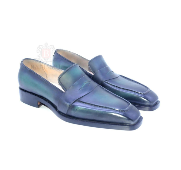 Side view of Leather Penny loafers with green-blue gradient patina, squared toe, and strap detail for formal and smart-casual wear. Barismil