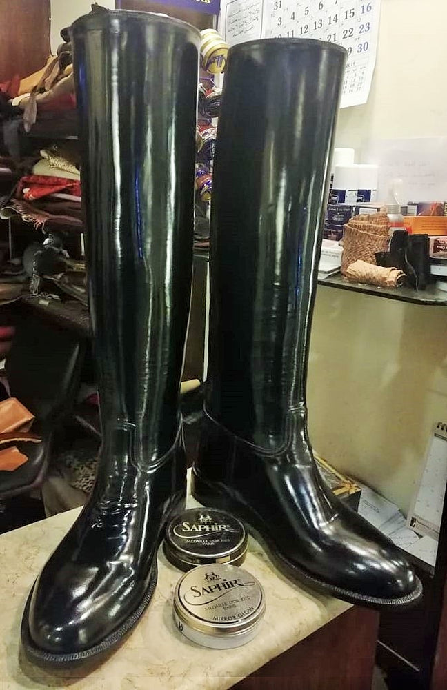 
                  
                    black shinny leather long knee high riding boots custom made riding boots. police patrol boots
                  
                