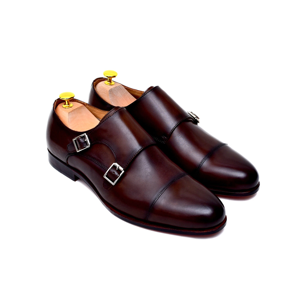 brown burnished leather double monk dress shoes