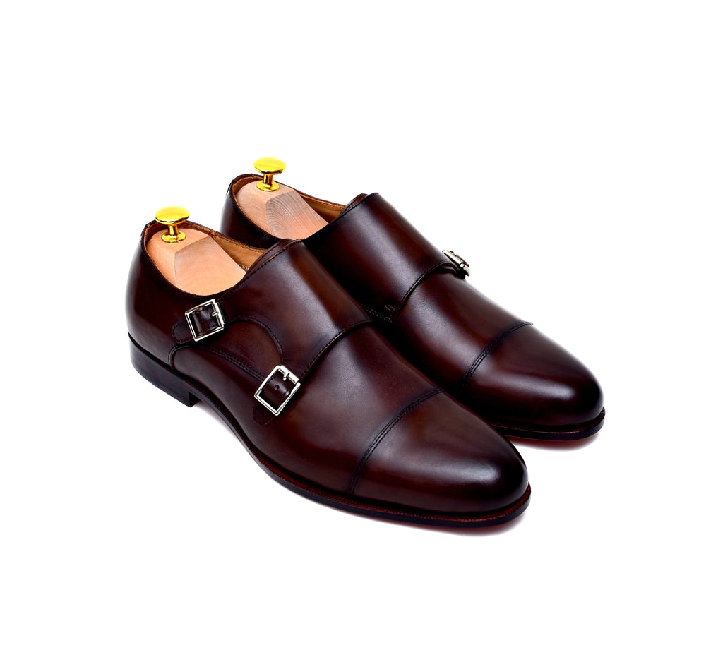 brown burnished leather double monk dress shoes