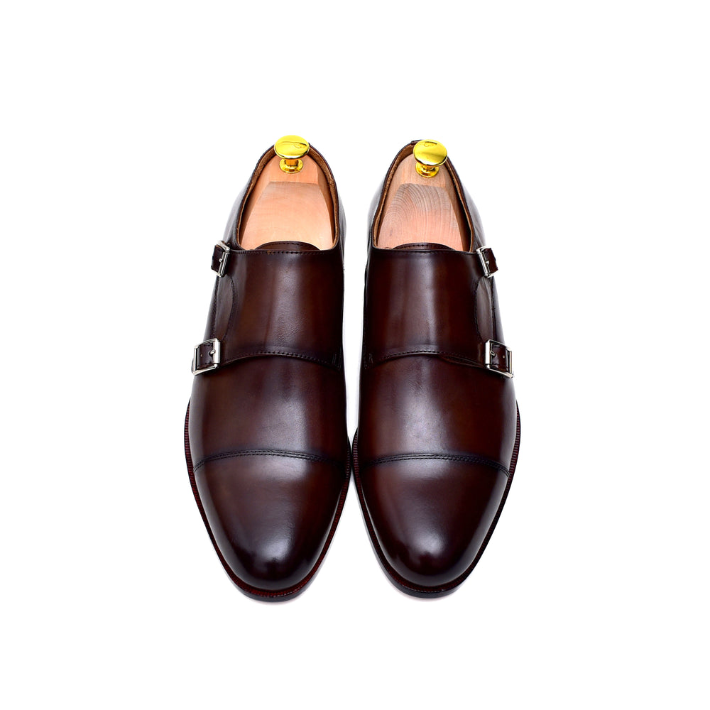brown burnished leather double monk dress shoes