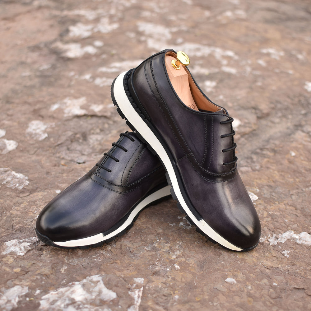 gray patina finish leather tie sneakers for men, handcrafted leather sneakers men casual shoes