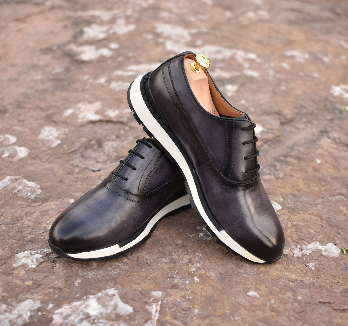 gray patina finish leather tie sneakers for men, handcrafted leather sneakers men casual shoes
