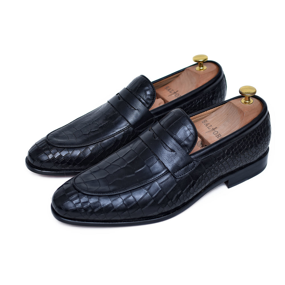 Seville - Black leather loafers - crocodile embossed dress shoes - Barismil