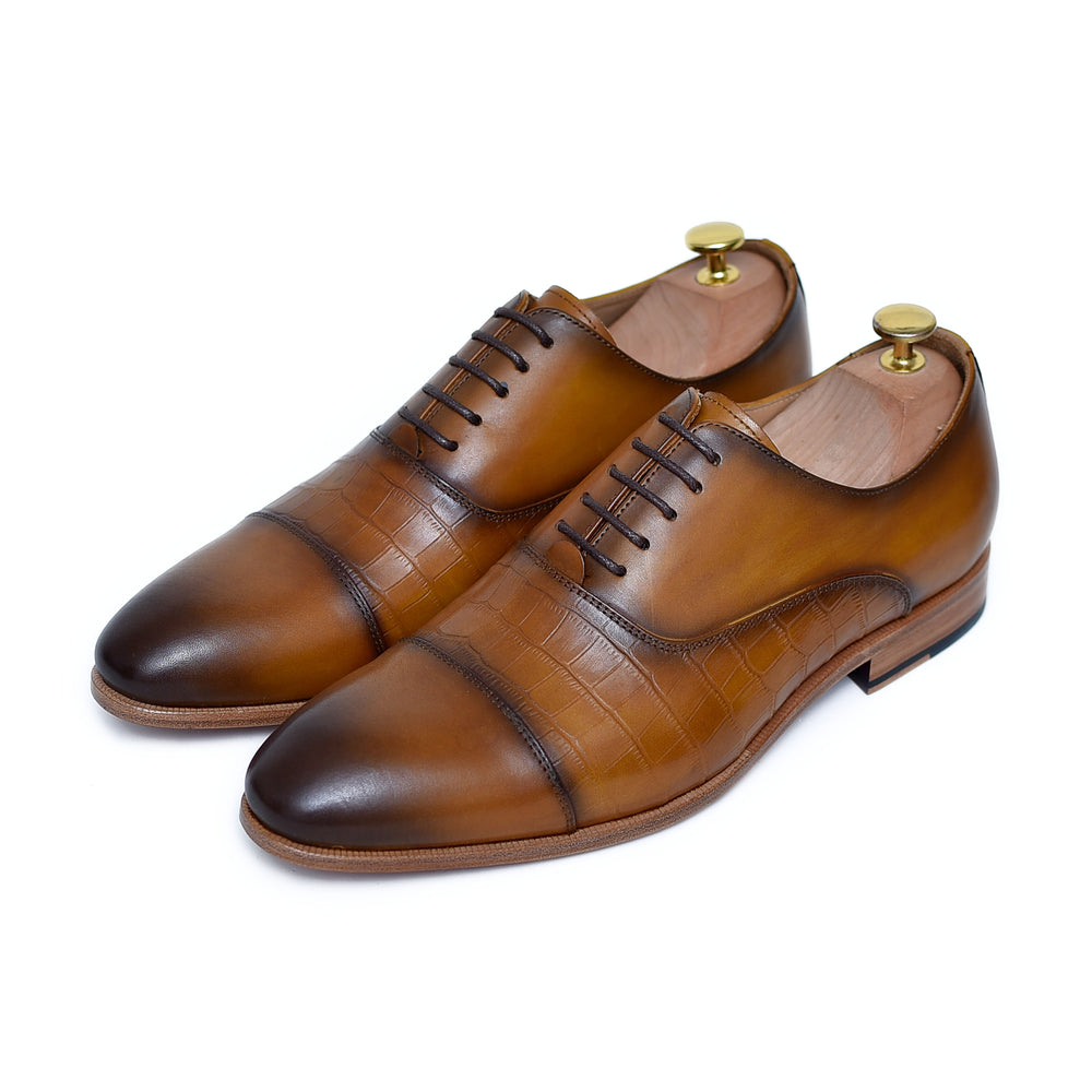 tan calf leather lace up oxford shoes with burnished toe.