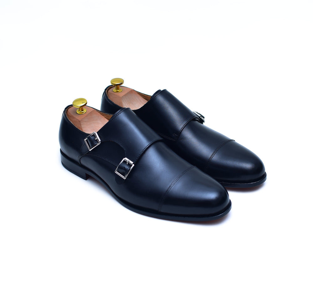 black leather double monk shoes men dress shoes, cap toe monk shoes. black leather men dress shoes.