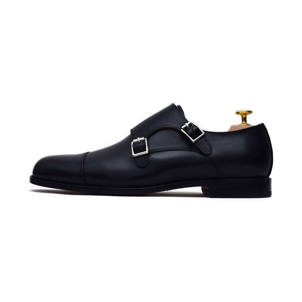 black leather double monk shoes men dress shoes, cap toe monk shoes. black leather men dress shoes.
