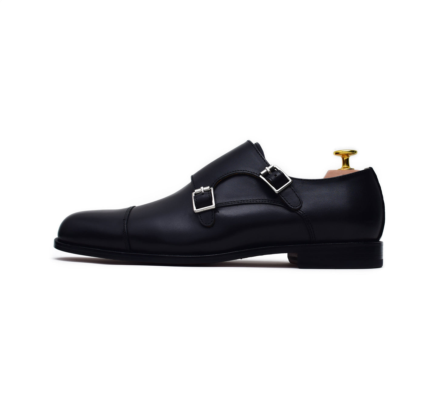 black leather double monk shoes men dress shoes, cap toe monk shoes. black leather men dress shoes.