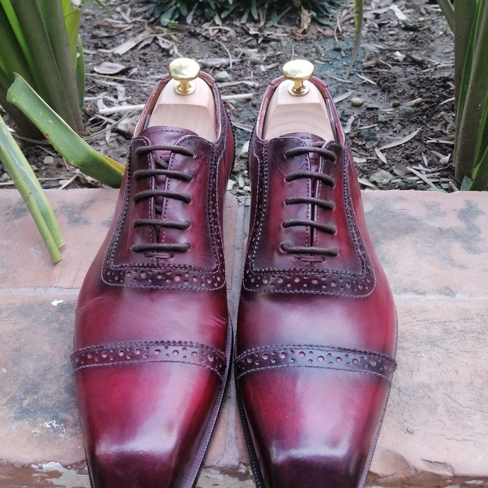 
                  
                    burgundy handmade pure leather oxford shoes for men. Patina finish men dress oxfords
                  
                