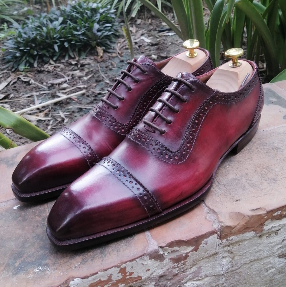 burgundy handmade pure leather oxford shoes for men