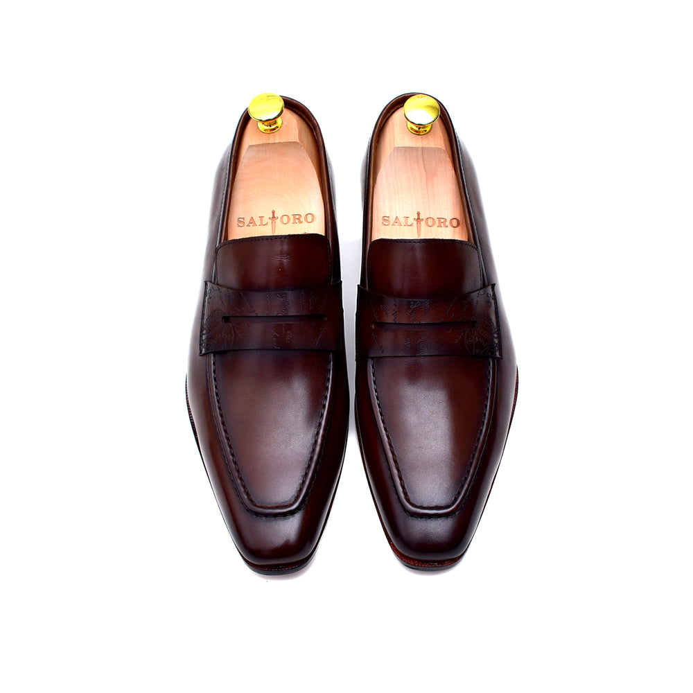 men's brown leather patina finish penny loafers shoes - Barismil