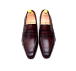 men's brown leather patina finish penny loafers shoes. Handmade formal dress shoes. 