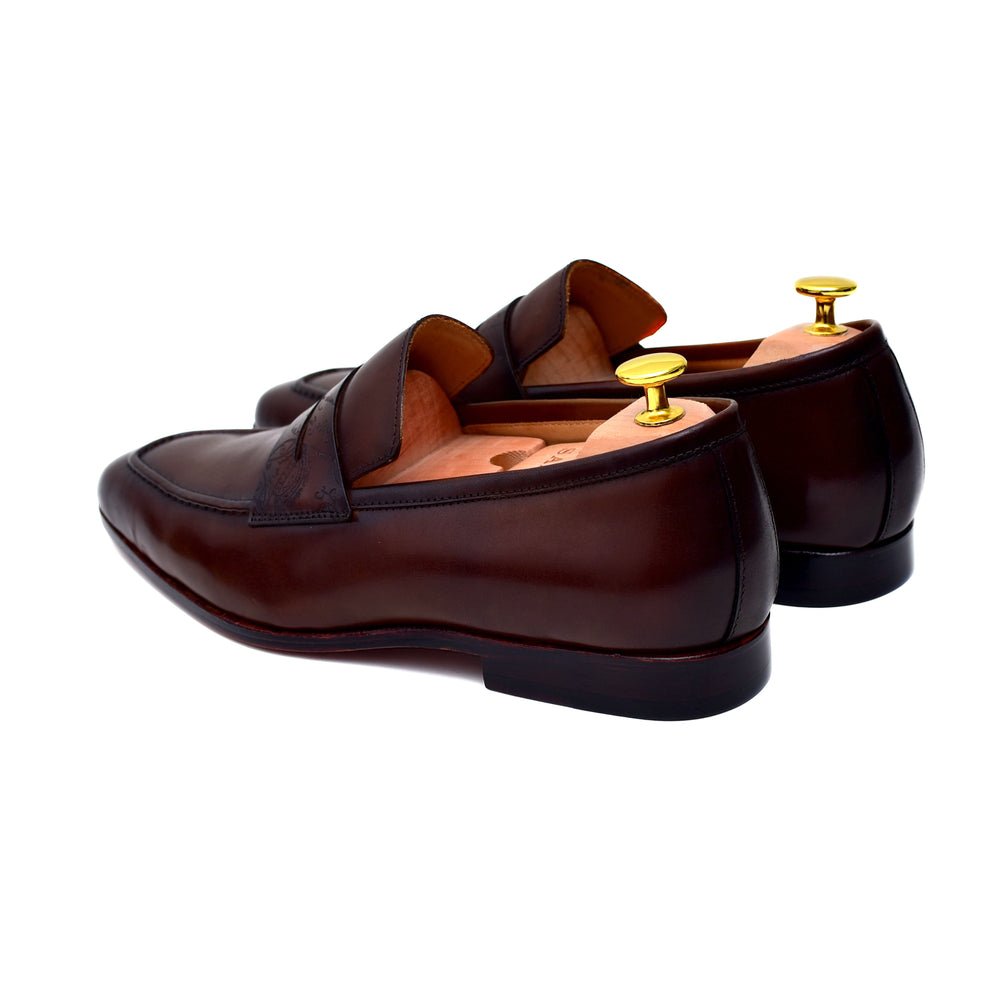 
                  
                    men's brown leather patina finish penny loafers shoes. Handmade formal dress shoes. 
                  
                