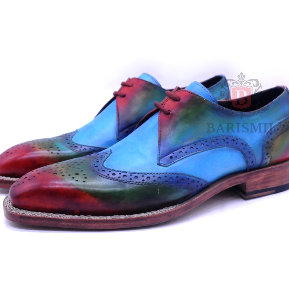 Porto blue leather wingtip derby shoes for men - barismil