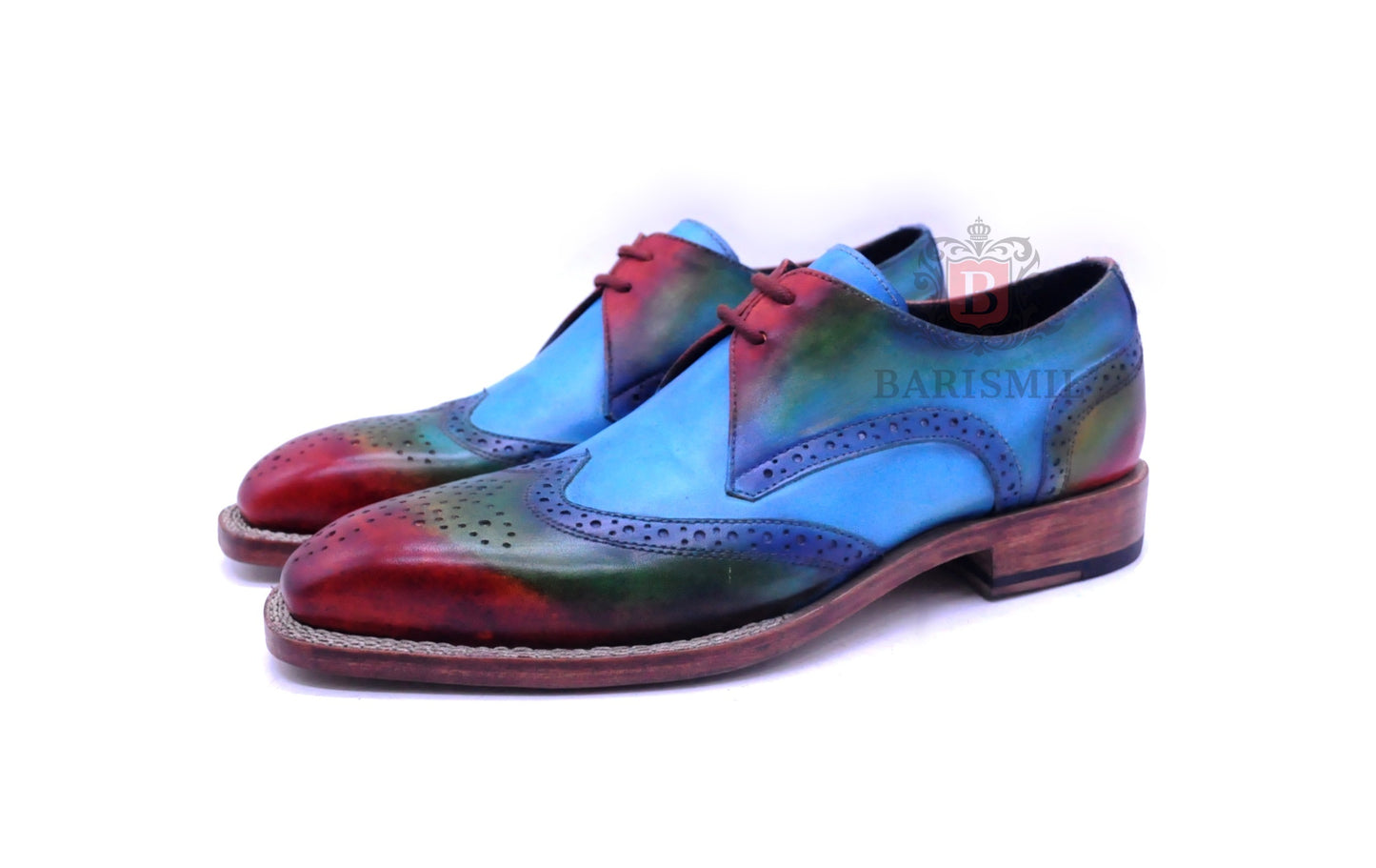 Porto blue leather wingtip derby shoes for men - barismil