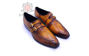 
                  
                    Double monk hand patina dress shoes for men 
                  
                