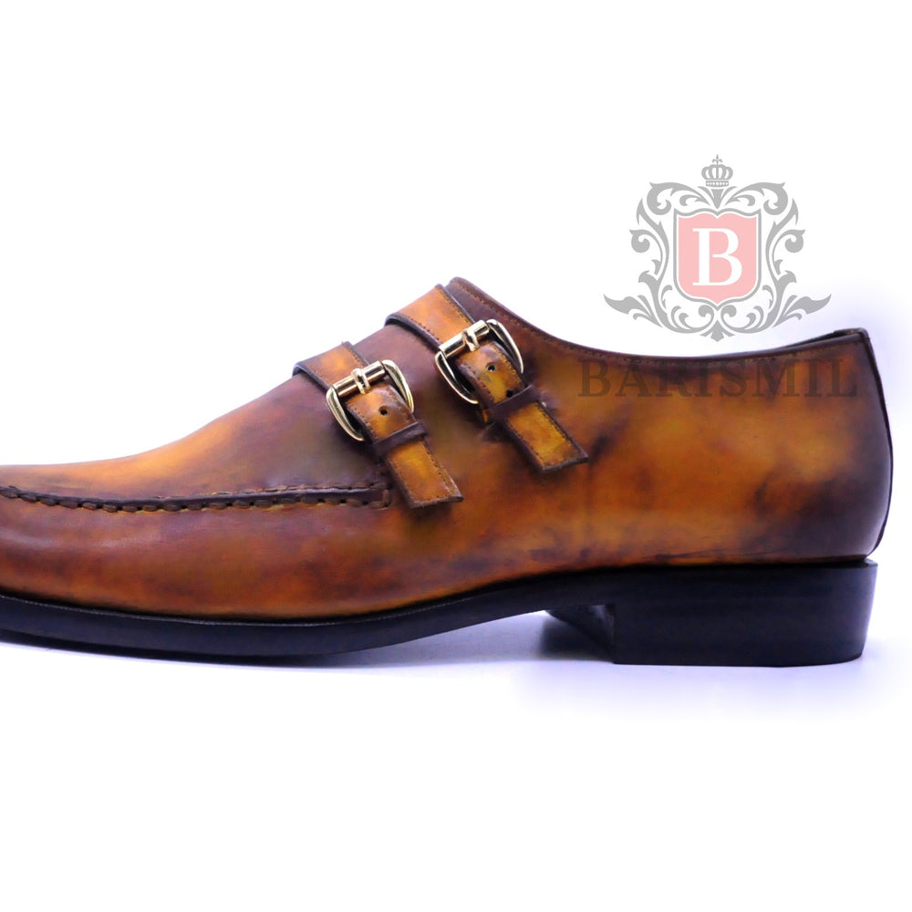 
                  
                    Cognac double monk strap leather dress shoes for men 
                  
                