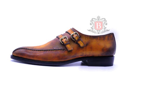 
                  
                    Cognac double monk strap leather dress shoes for men 
                  
                