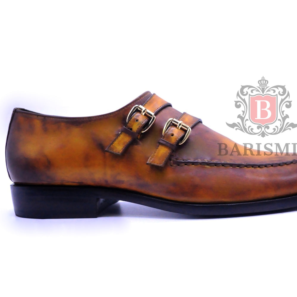 Handmade tan patina monk strap dress shoes for men 