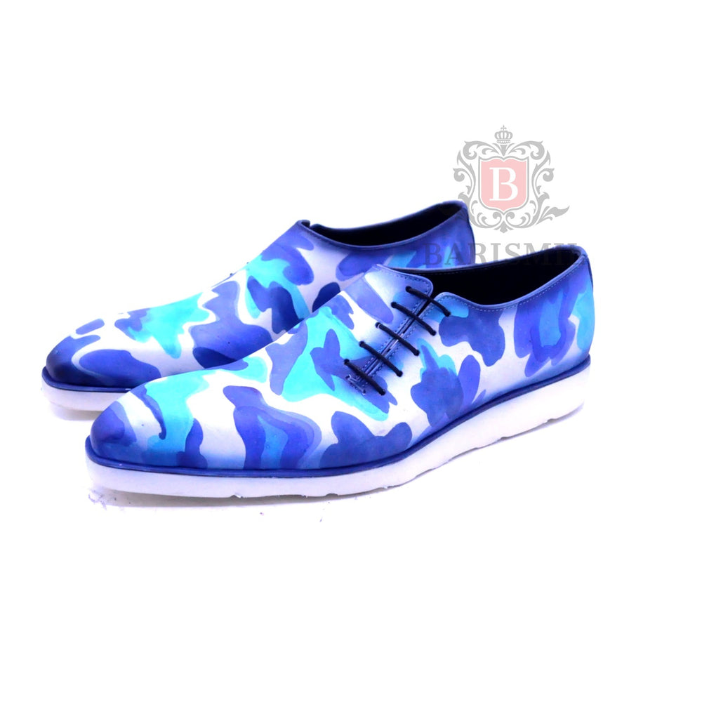 Blue camo hand patina oxford dress shoes for men 