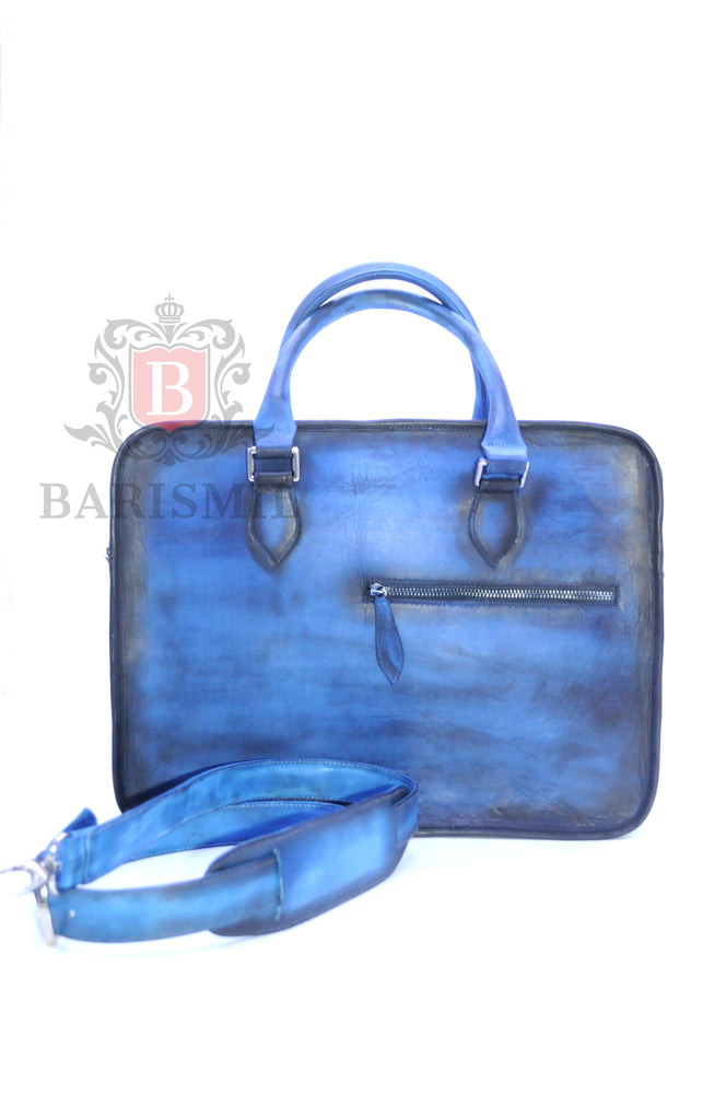 Handmade leather Briefcase - Blue Patina - Barismil