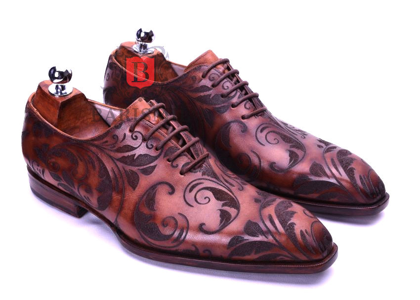 wholecut oxford dress shoes in leather with floral engraving designs - Barismil