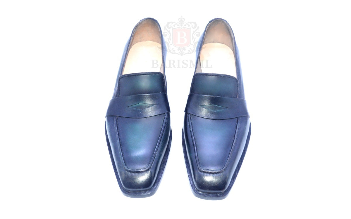 Top view of Leather Penny loafers for men with green-blue gradient patina, squared toe, and strap detail for formal and smart-casual wear. Barismil