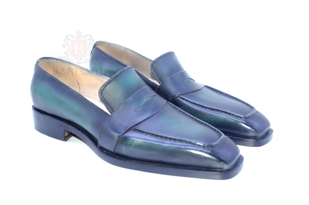 handmade patina loafers in green color-men dress shoes-dress loafers for men