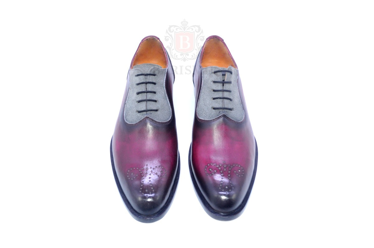 Burgundy two tone leather saddle oxford shoes for men - barismil
