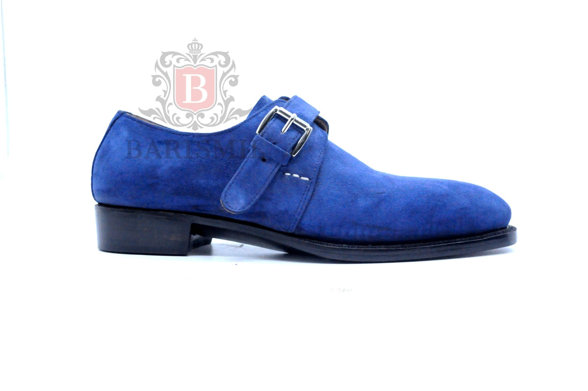 Single monk blue suede formal shoes for men 