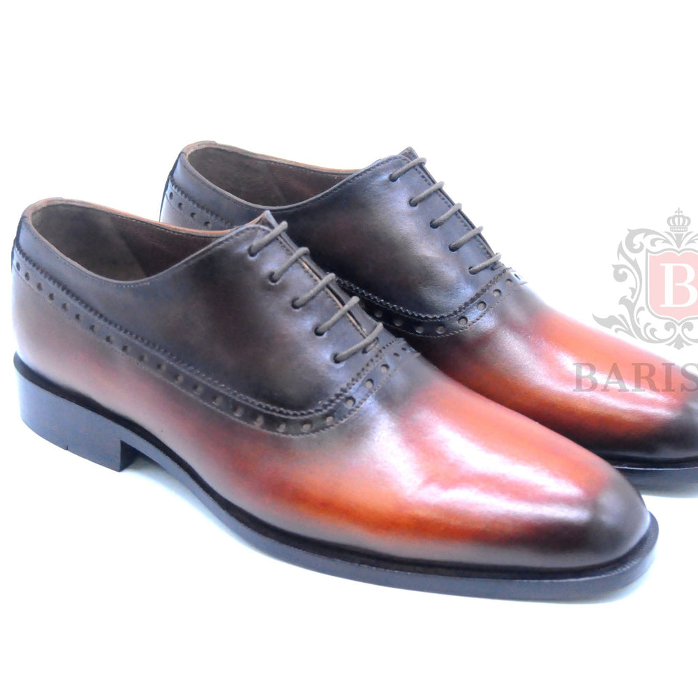 Handmade two tone Tan and black Leather wholecut oxford Shoes for men - barismil