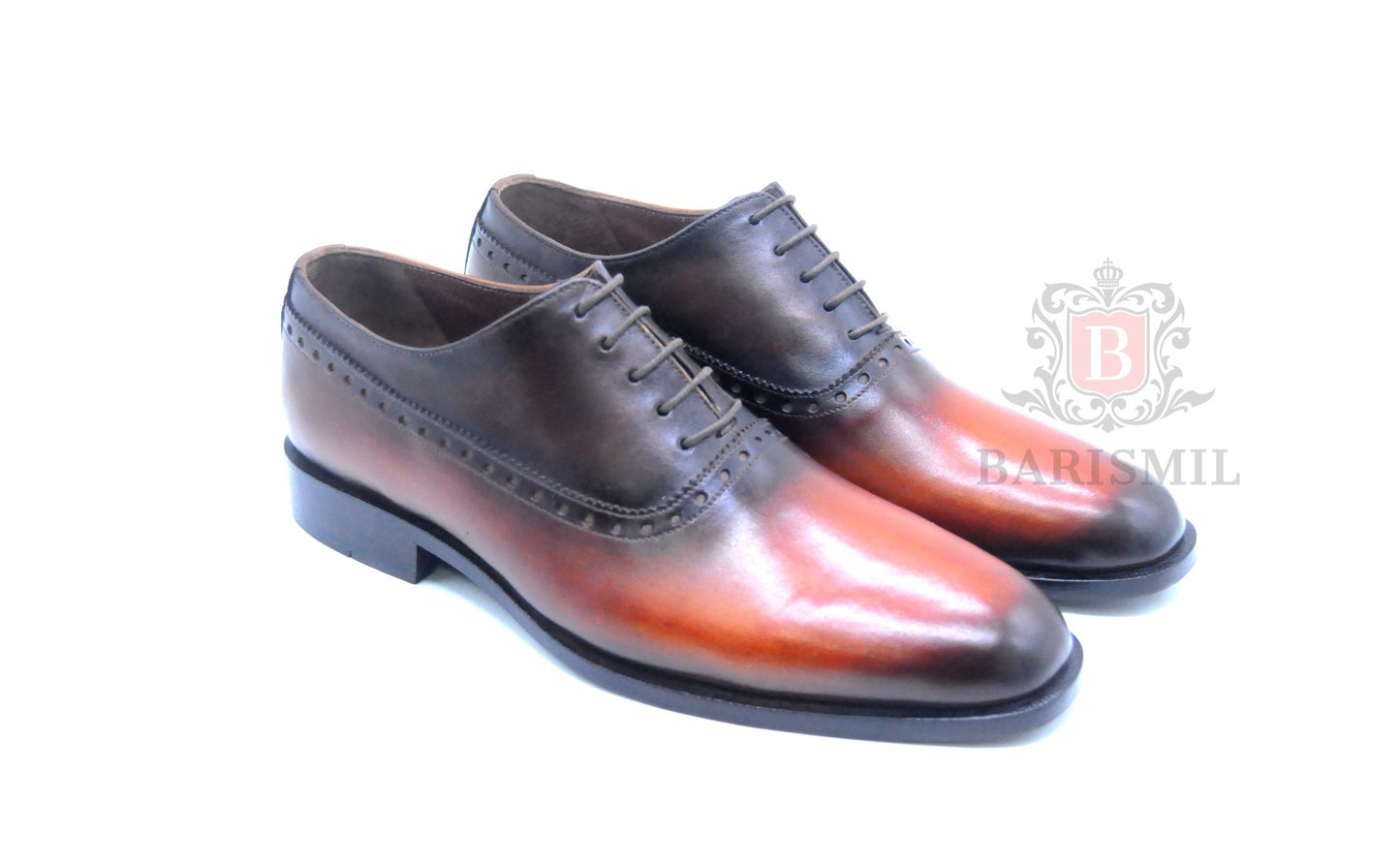 Handmade two tone Tan and black Leather wholecut oxford Shoes for men - barismil