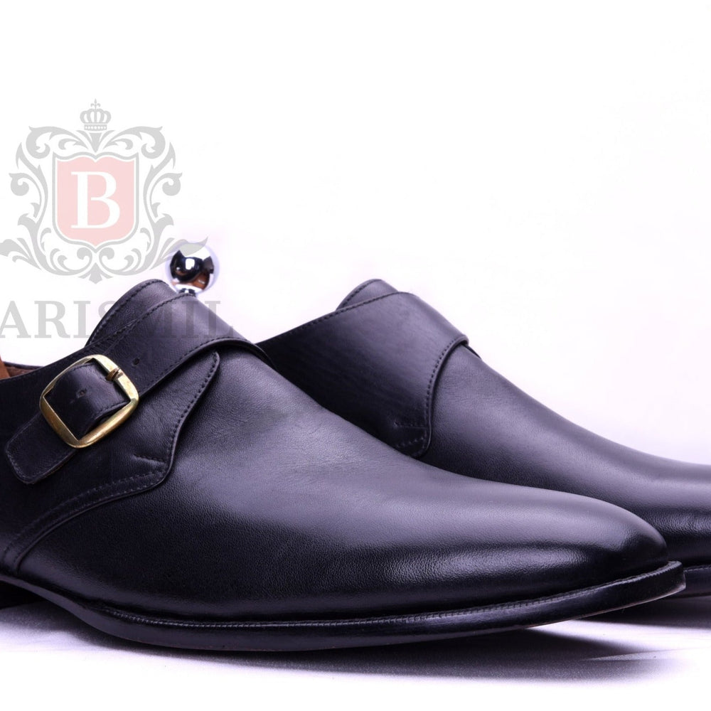 men's handmade black dress shoes-monk strap shoes for men